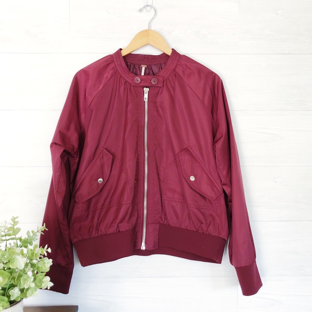 Free People Red Shiny Varsity Zip Up Jacket